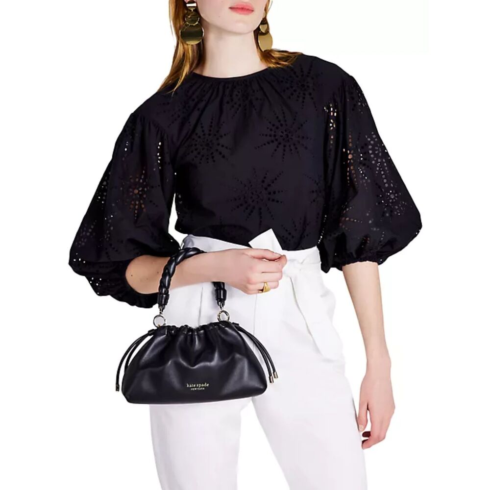 NWT Kate Spade New York Suns Puff-Sleeve Eyelet Black Top Women's Sz S